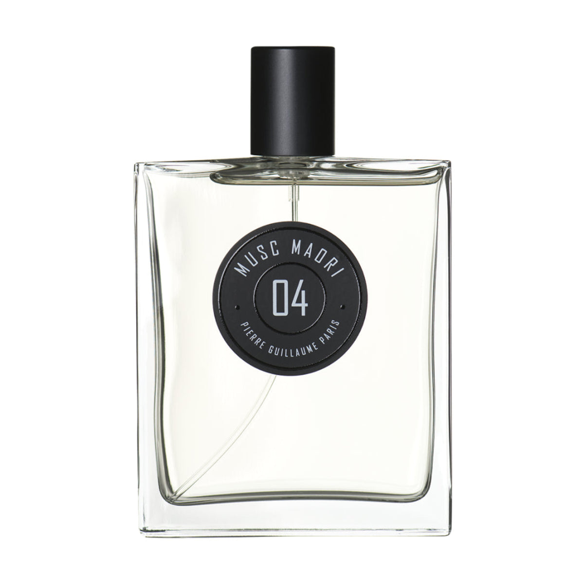 Clear perfume bottle with black cap and label on a white background