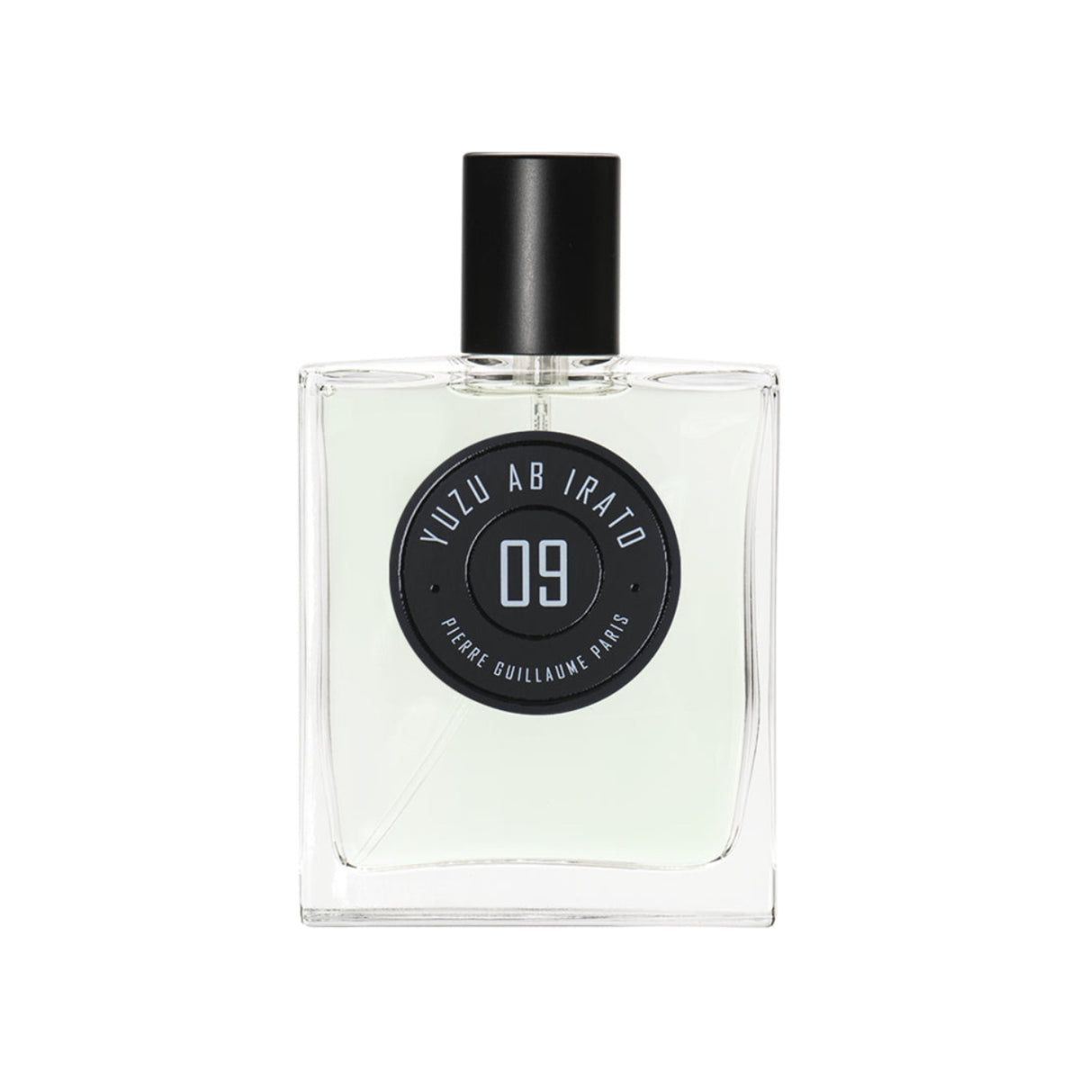 Perfume bottle with black cap and label on a white background