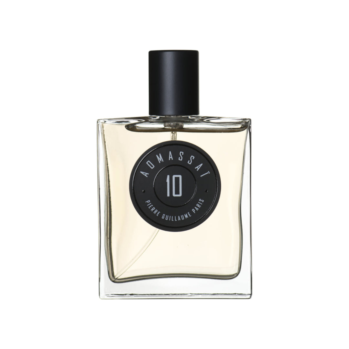 Perfume bottle with black cap and label on a white background