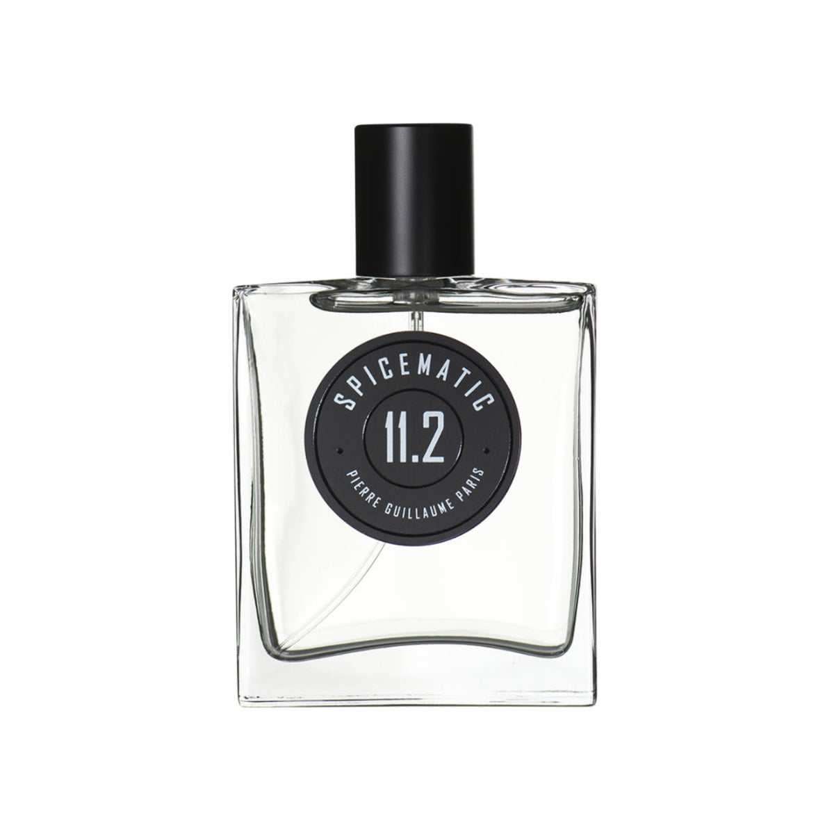 Clear perfume bottle with black cap on a white background