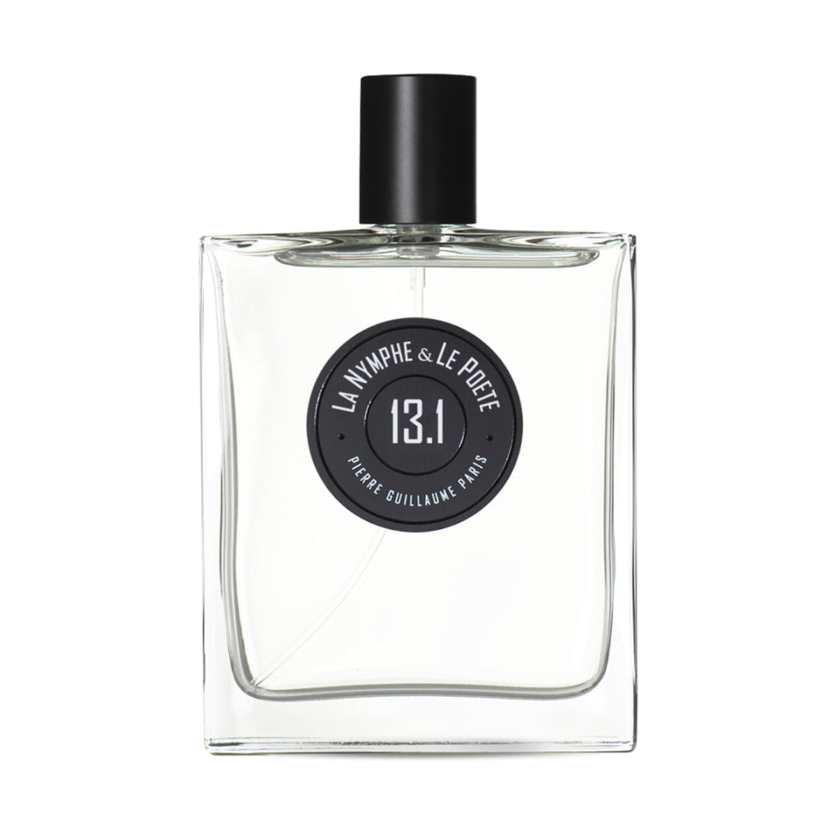 Clear perfume bottle with black cap and label on a white background