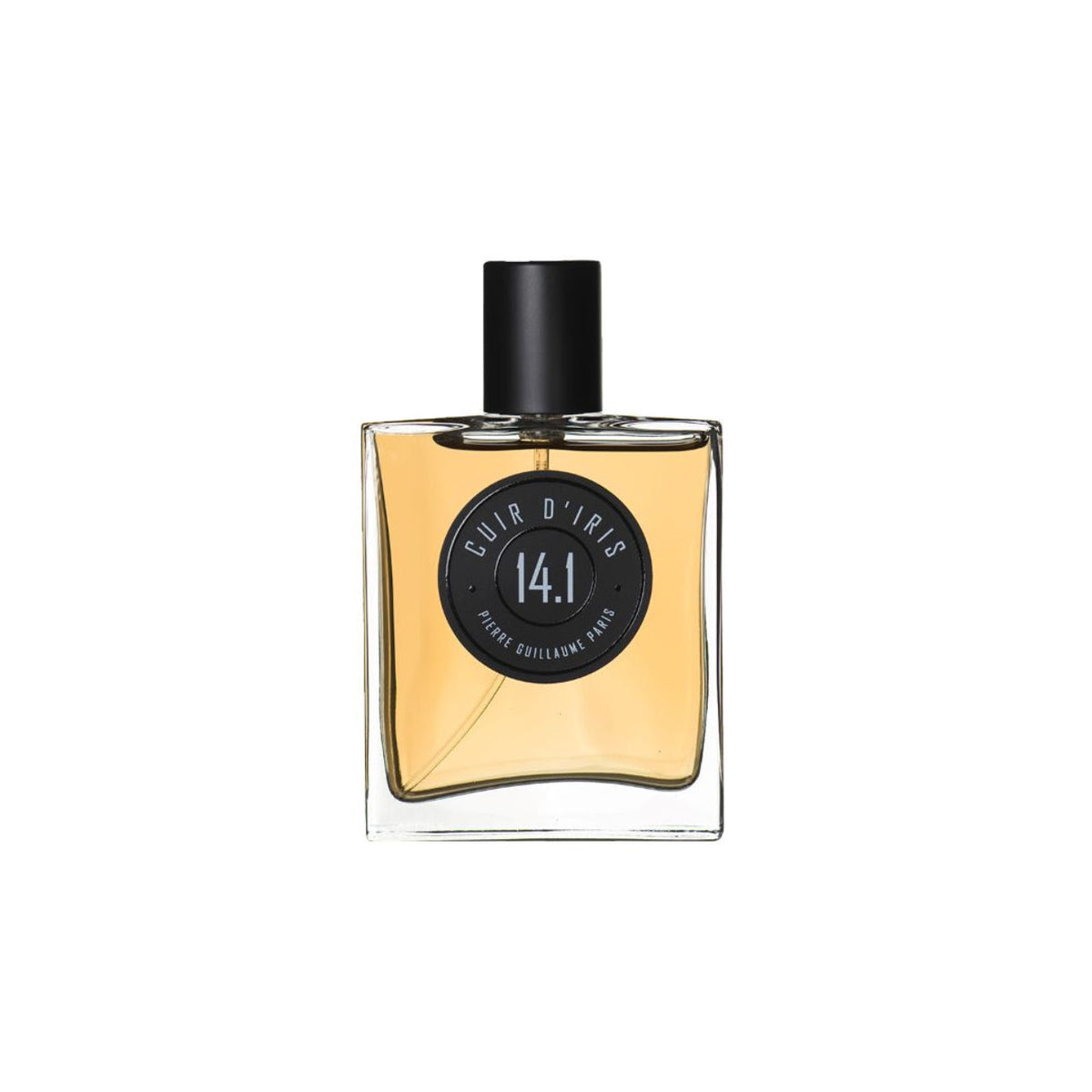 Perfume bottle with a black cap and clear body on a white background