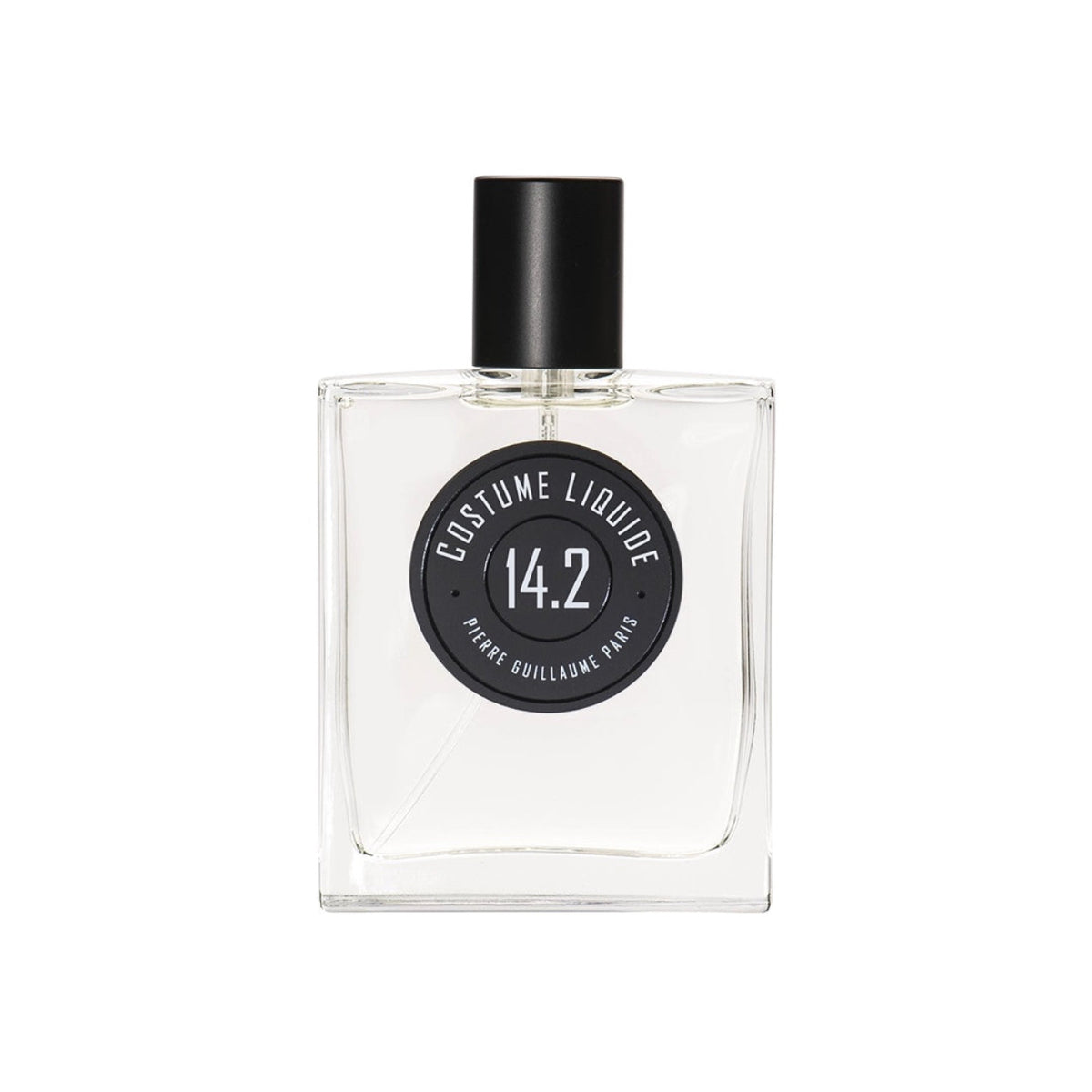 Perfume bottle with black cap and label on a white background
