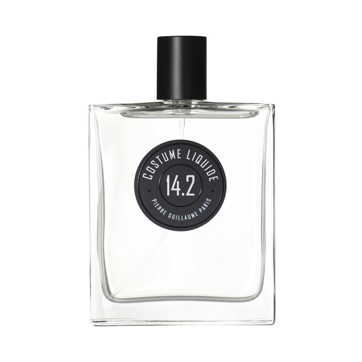 Clear perfume bottle with black cap and label on a white background