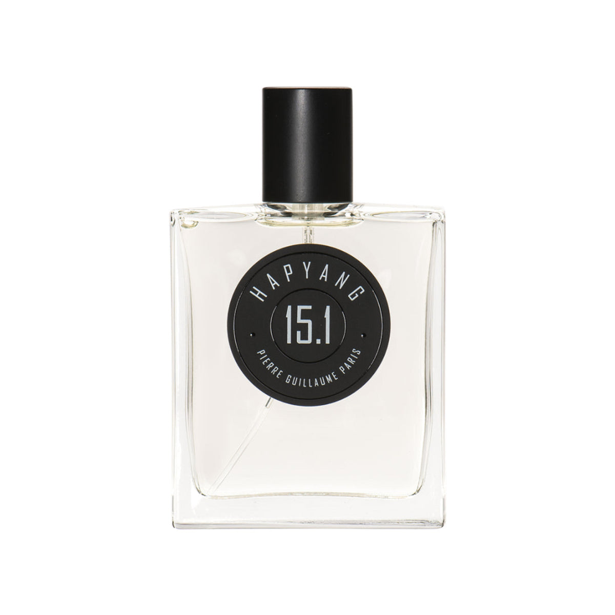 Clear perfume bottle with black cap and label on a white background