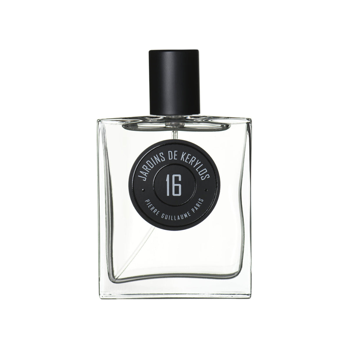Perfume bottle with black cap and label on a white background