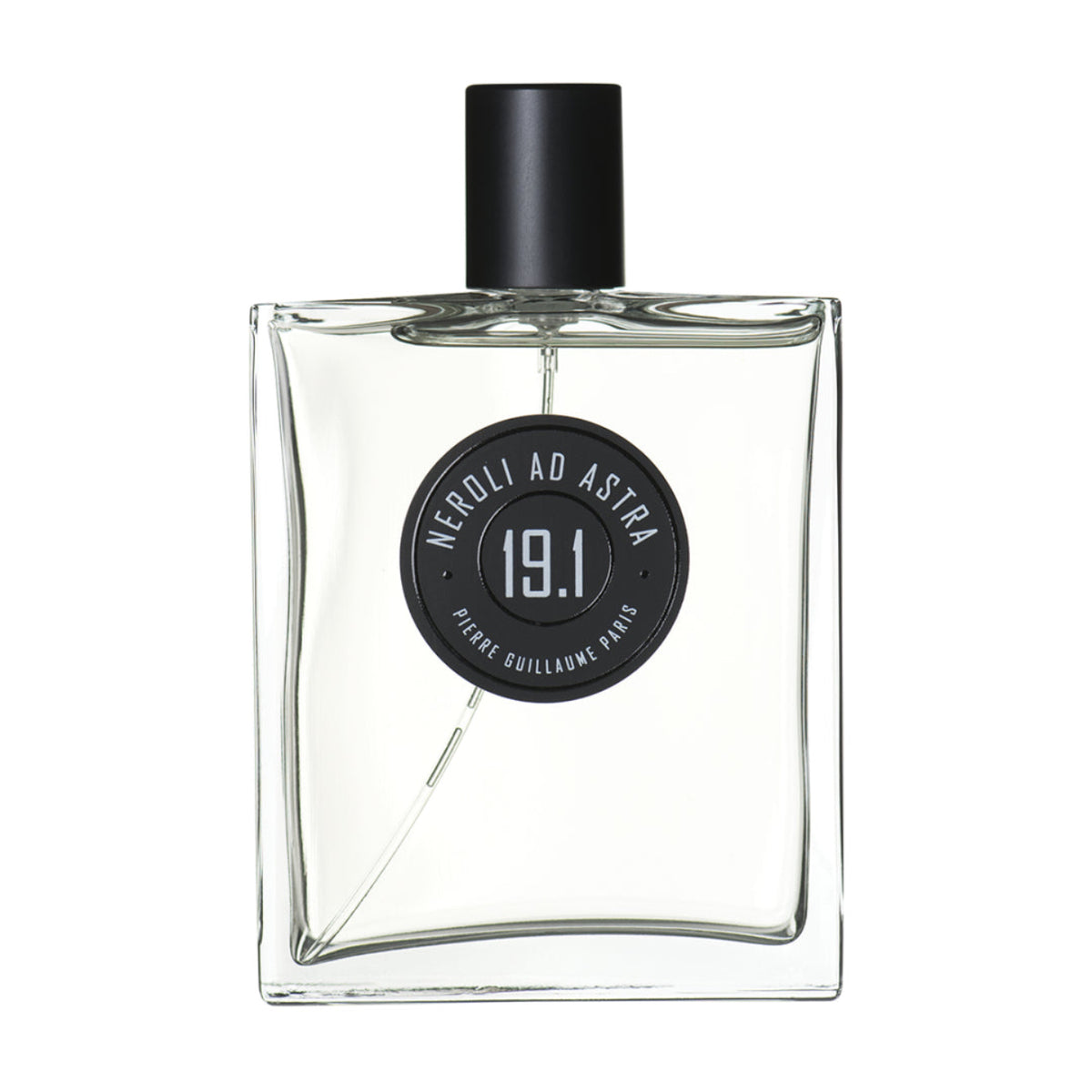 Clear perfume bottle with black cap and label on a white background