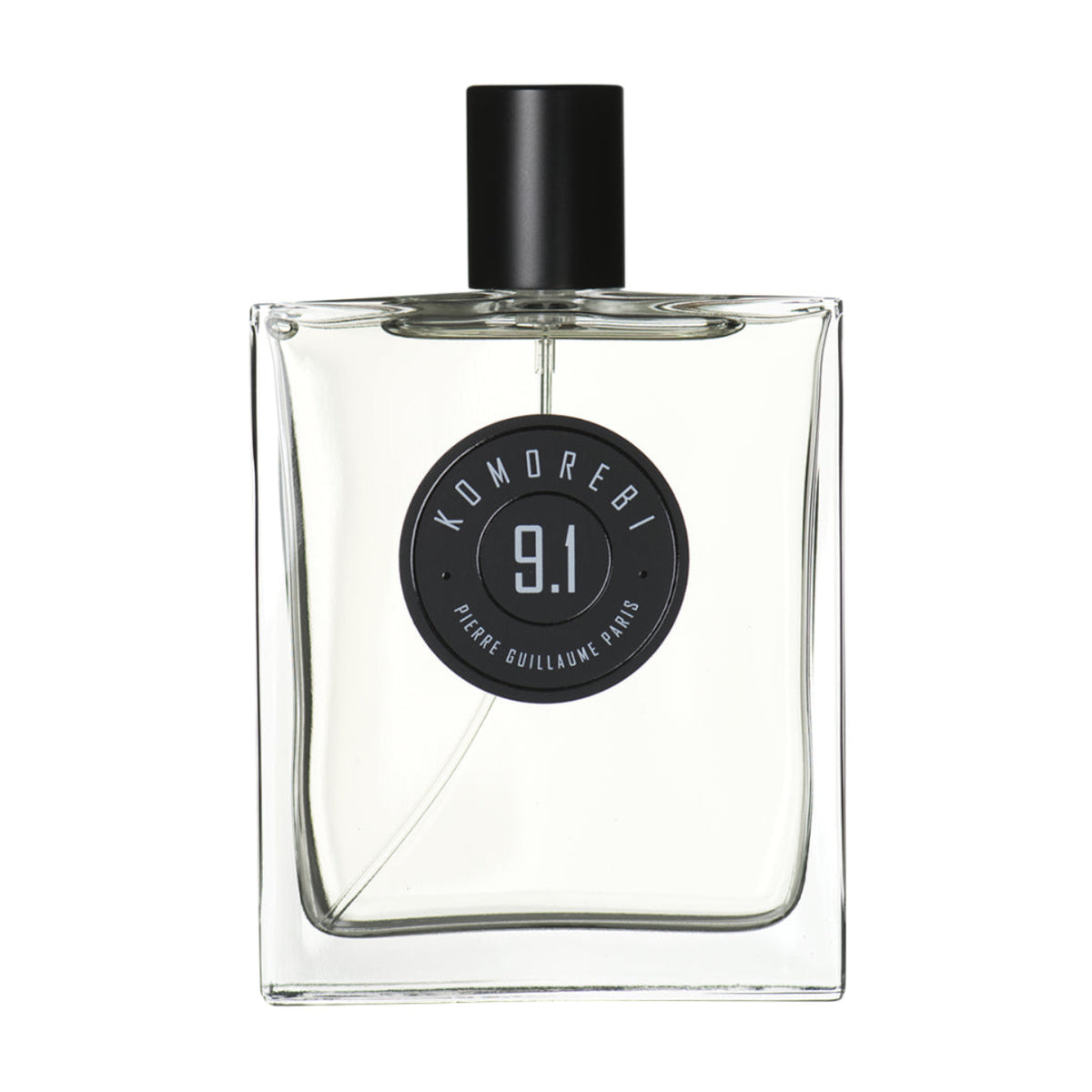 Clear perfume bottle with black cap and label on a white background