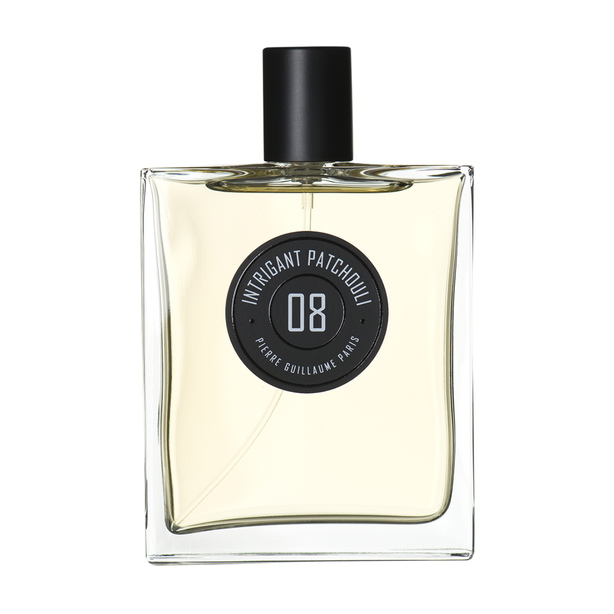 Perfume bottle labeled 'Intrigant Patchouli 08' by Pierre Guillaume Paris on a white background