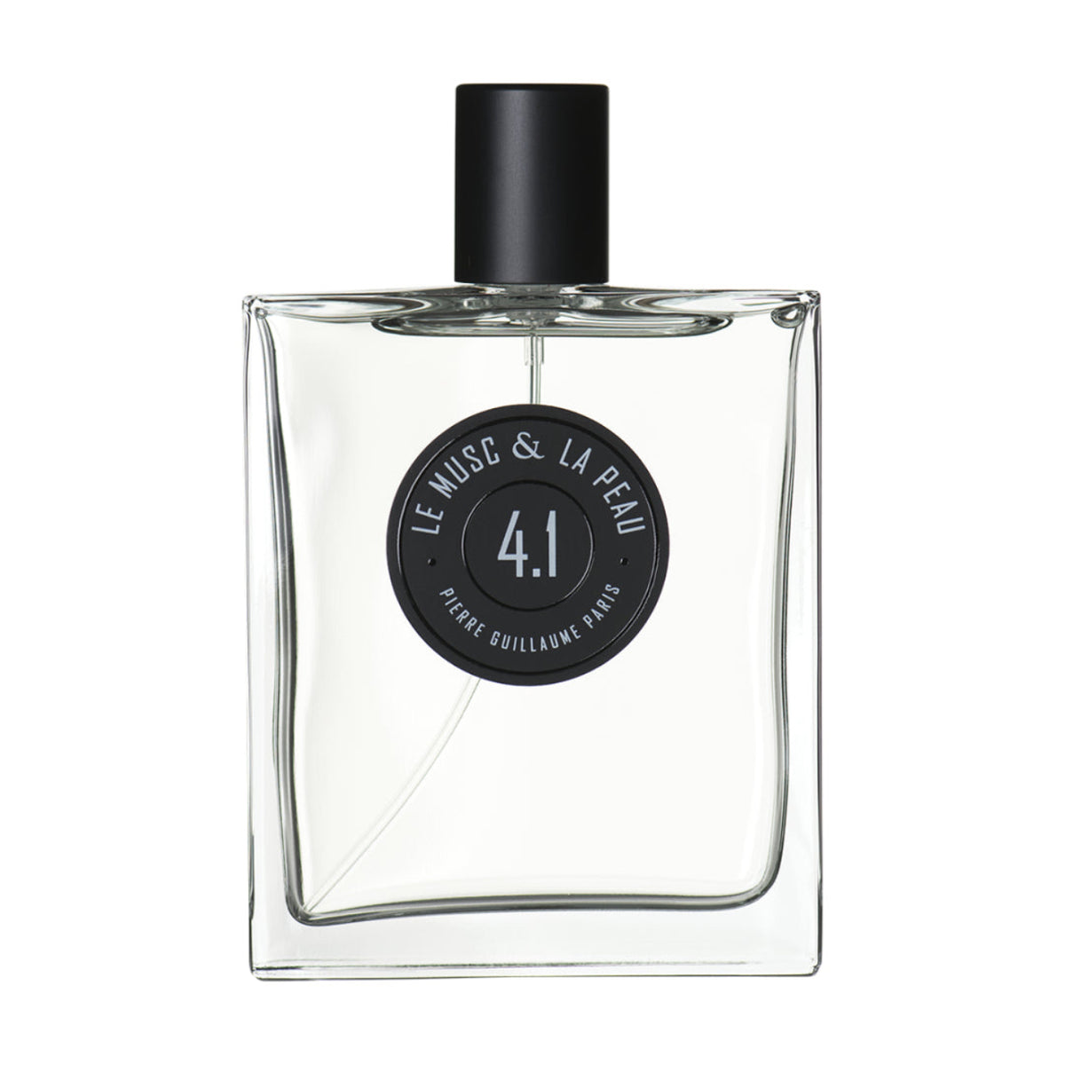 Clear perfume bottle with black cap on a white background pierre