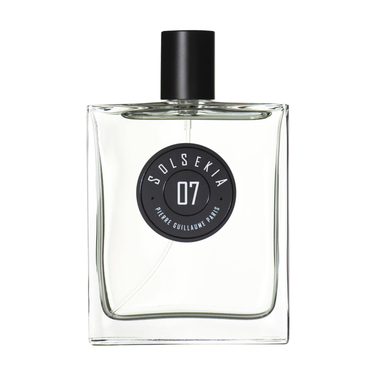 Clear perfume bottle with black cap and label on a white background