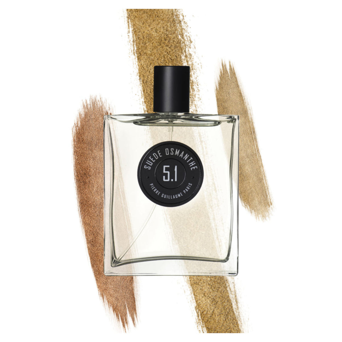 Perfume bottle with a black cap and clear body on a white background